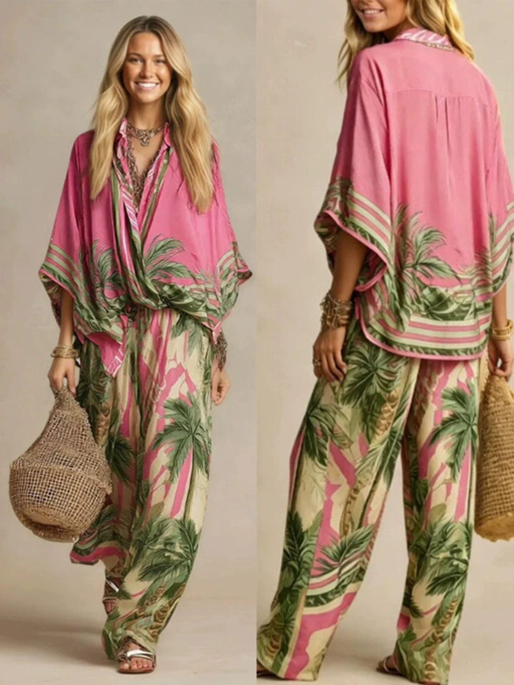 ZARA Fall Placement Print Resort Casual Shirt and Wide Leg Pants 2 Piece Set